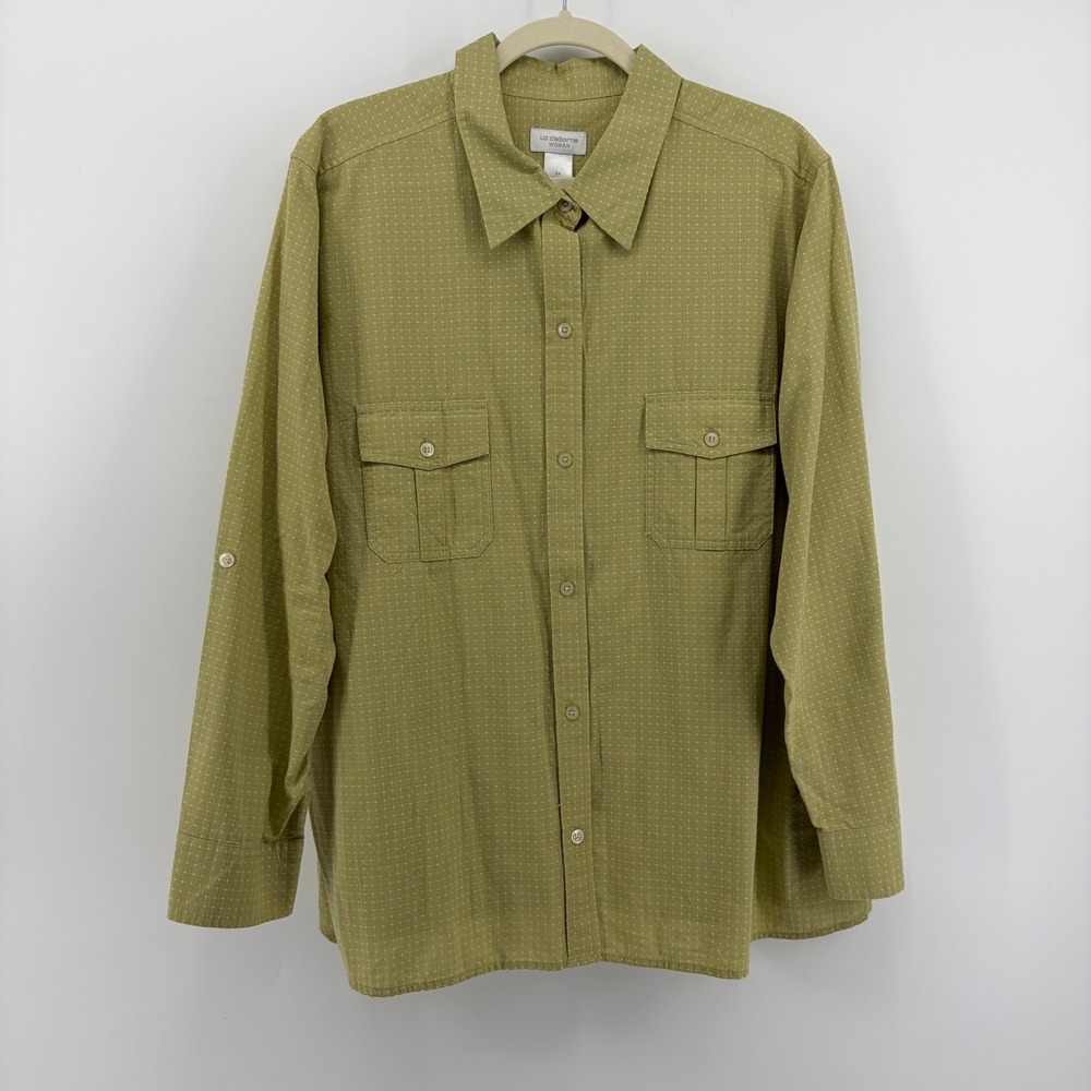 Liz Claiborne Woman Button Down Shirt Olive Green Dot Print Long Sleeve Size 2X
